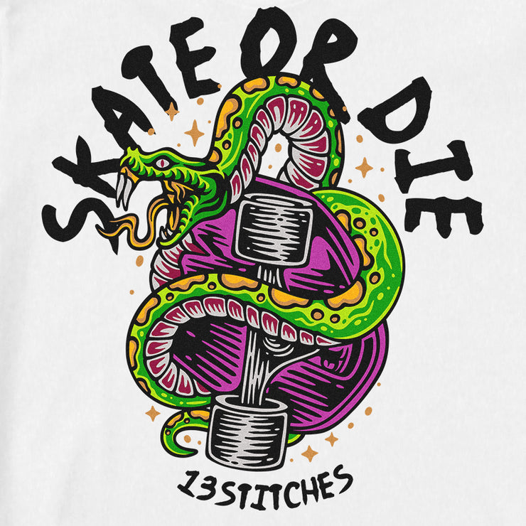 13Stitches Clothing, skate or die, snake, schlange, skate, skateboard, weiss, t-shirt, white, shirt, tshirt, tattoo design, tattoo clothing, tattoo apparel, tattoo motiv, tätowierung, streetwear